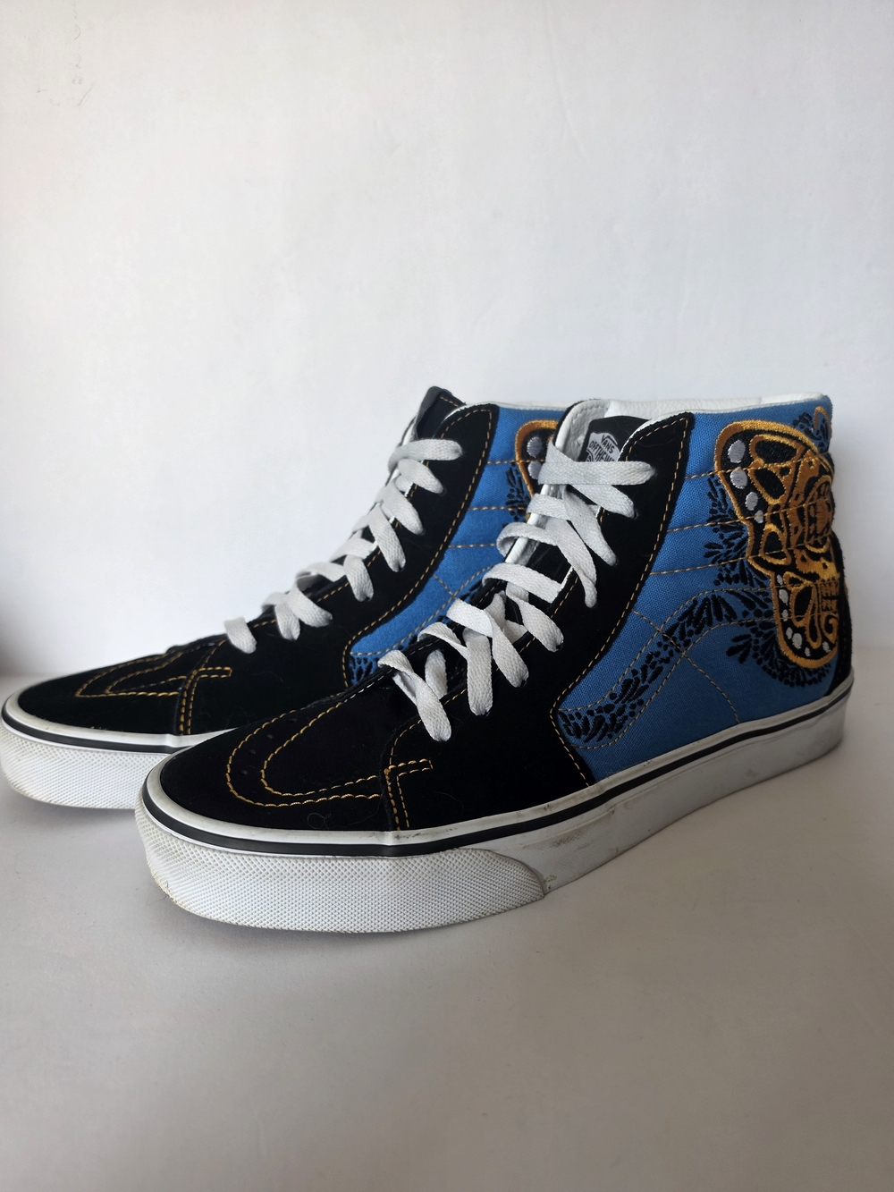 Vans High-Top Sneakers in Blue, Black and Gold Embroidery